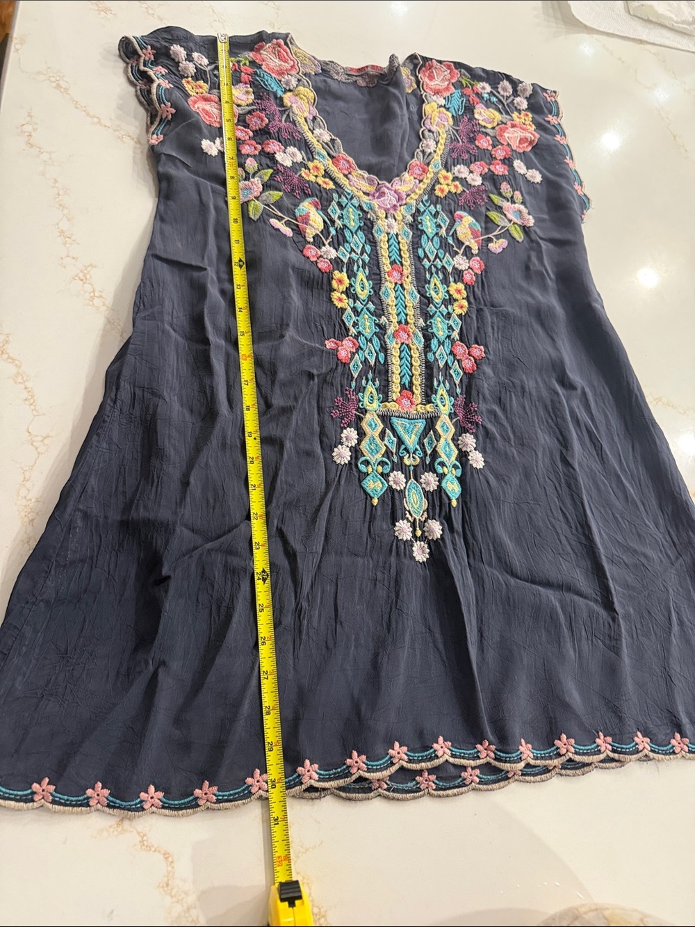Johnny Was Navy Embroidered Boho Tunic with Floral Yoke - Picture 2 of 5